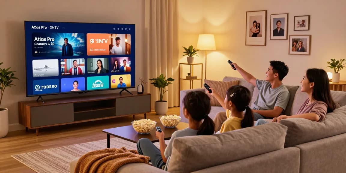 Family enjoying movie night at home with Atlas Pro ONTV streaming service.