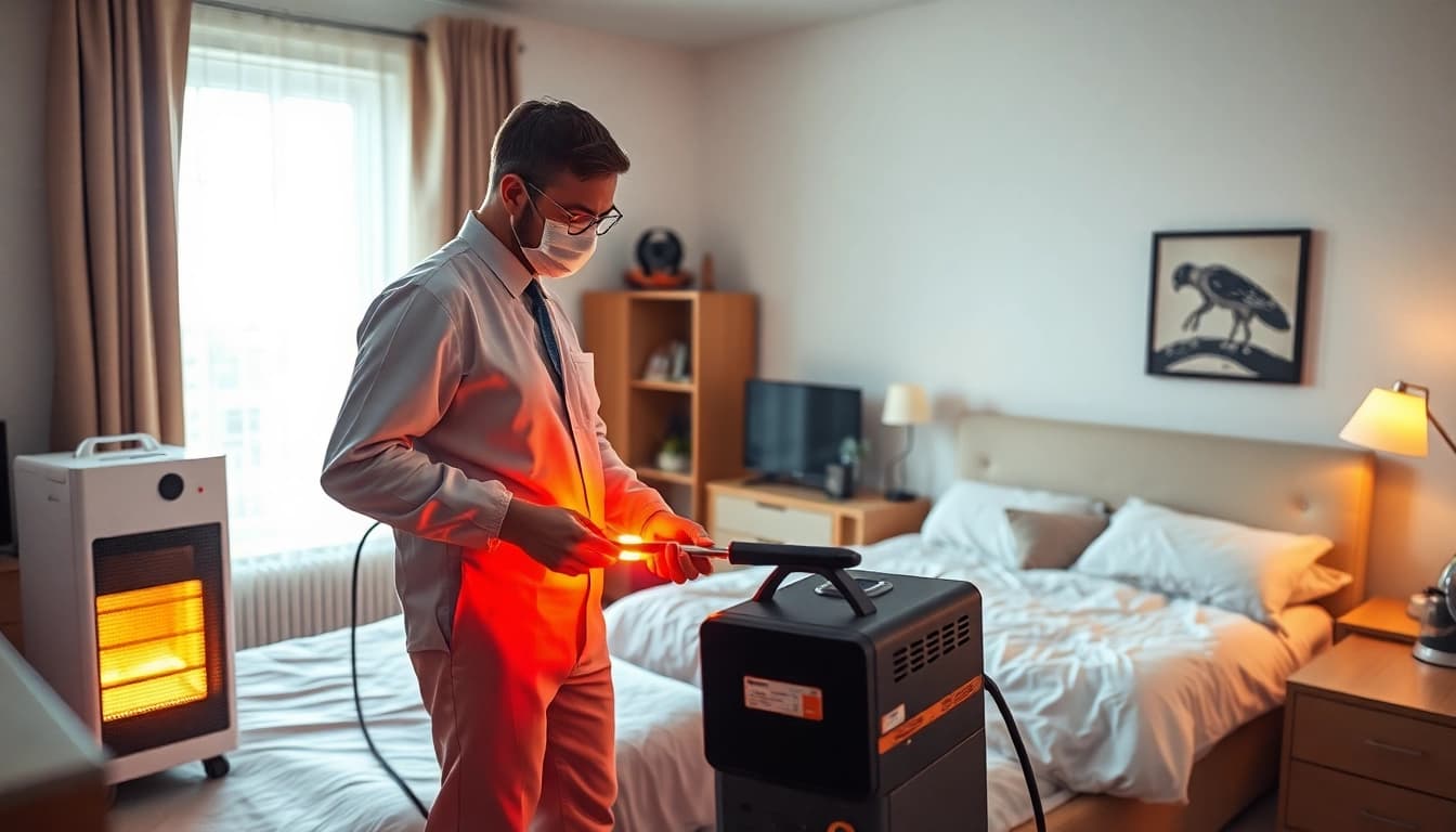Implementing bed bug heat treatment in a professionally managed bedroom environment.