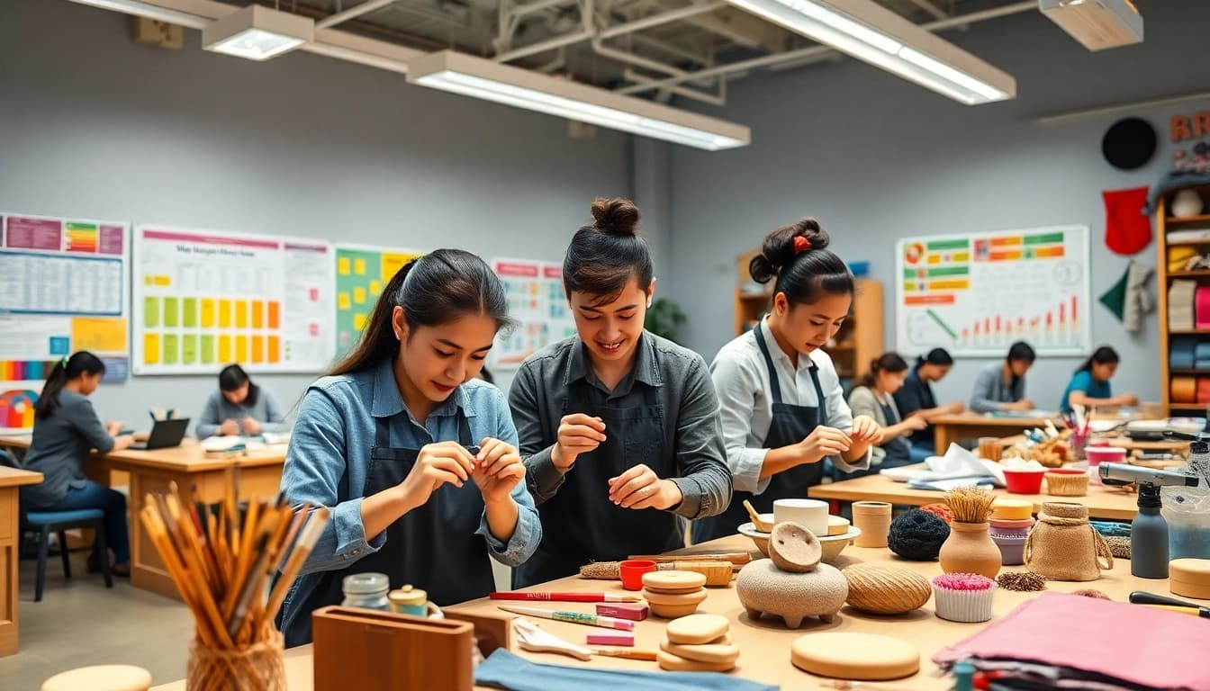 Participants in the craft trainee program California creating projects in a collaborative classroom.