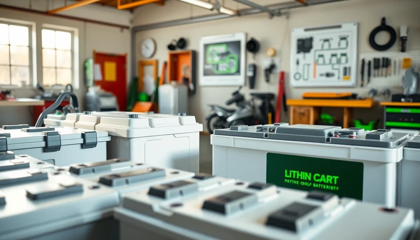 Lithium golf cart batteries displayed prominently in a workshop, showcasing their sleek design and features.