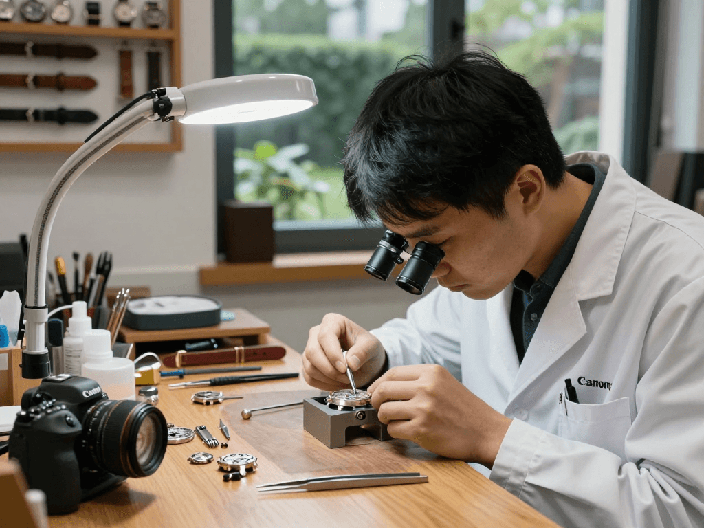 Watchmaker assembling intricate 3035 watch movement parts in a bright workshop, showcasing tools and craftsmanship.