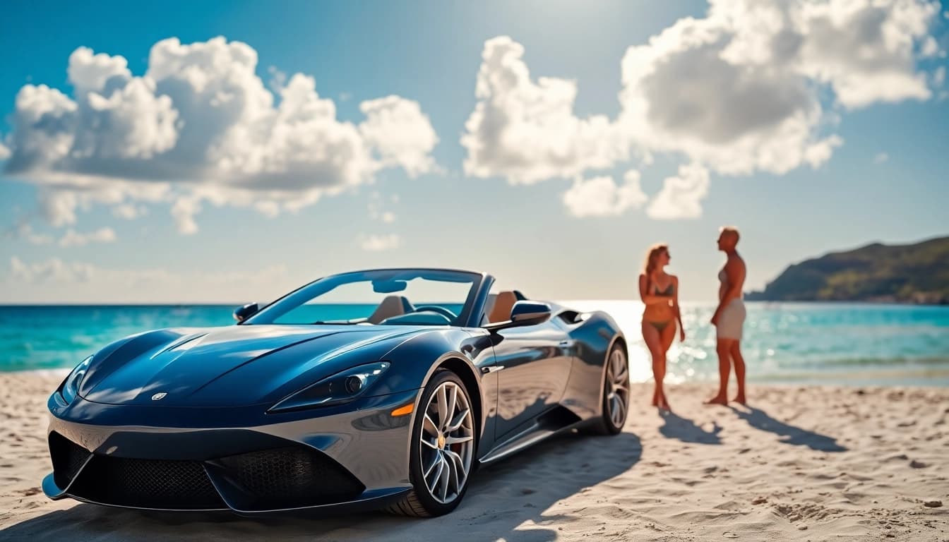 Experience luxury with a premium car rental saint barth featuring stunning ocean views and stylish beachwear.