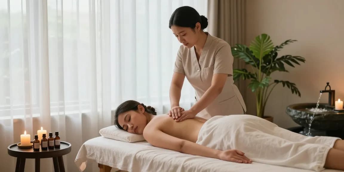 마사지 중인 고객과 전문 마사지사, 아로마 오일과 촛불로 본 치유 공간