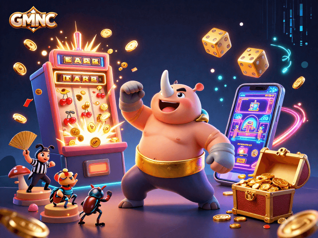 Experience thrilling moments with GMNC's vibrant 3D illustration featuring a sumo champion beetle and a jackpot.