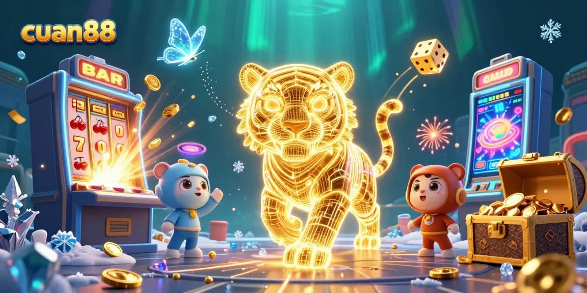 Persembahan cuan88 dalam bentuk slot digital yang memikat dengan jackpot melimpah dan simbol keberuntungan.