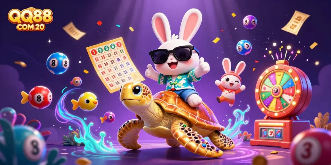 Join the fun at QQ88 COM 20 with colorful lottery balls and a lucky rabbit celebrating online gaming excitement!