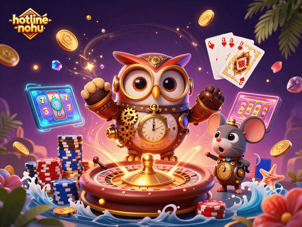Experience the excitement of hotline-nohu as the time-traveling owl navigates a vibrant steampunk casino landscape.