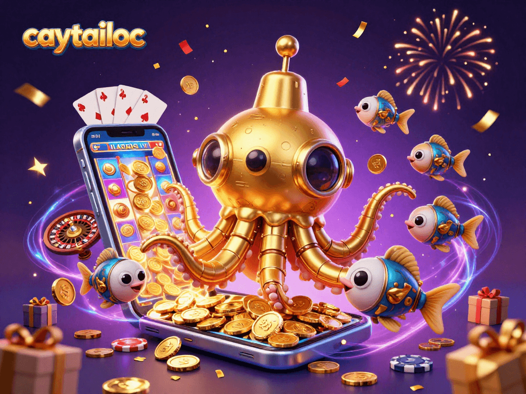 Caytailoc showcases a vibrant 3D casino illustration with a kraken and slot game elements, immersing players in thrilling entertainment.