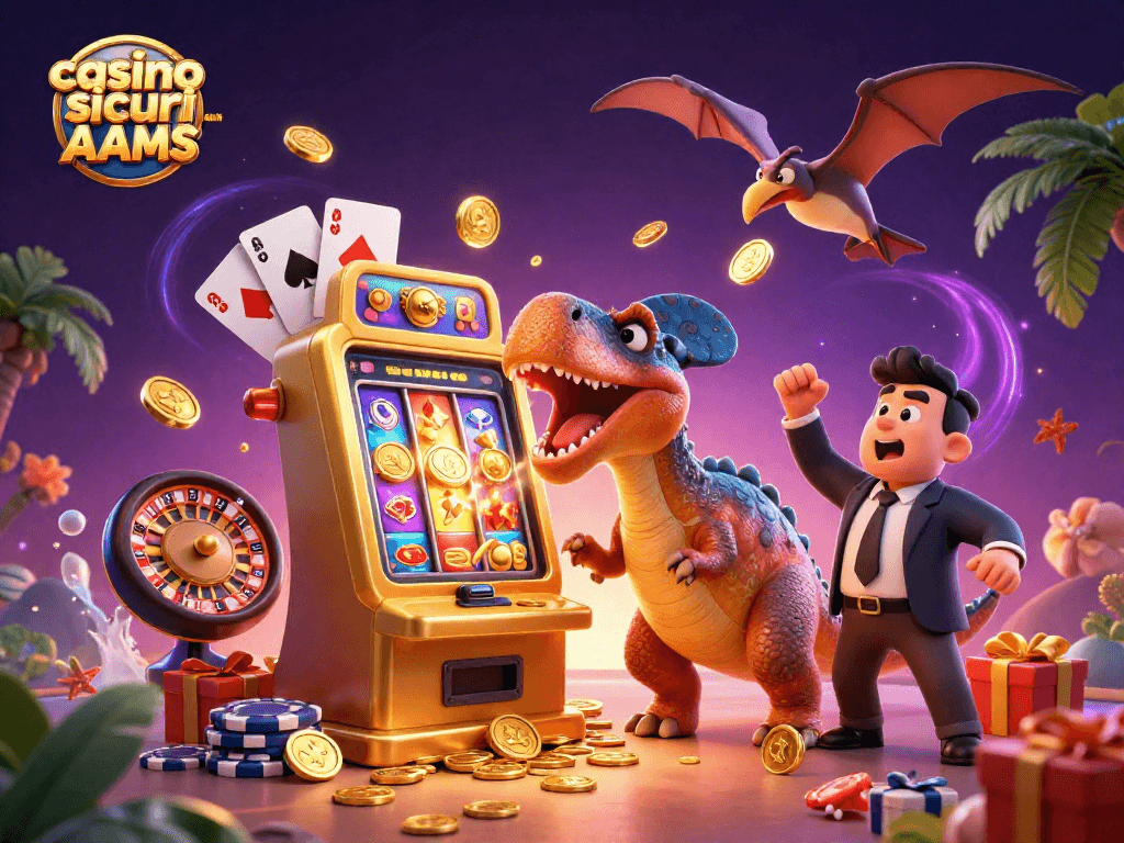 Scopri i migliori casino sicuri non AAMS con un pachycephalosaurus che festeggia una vincita al jackpot.