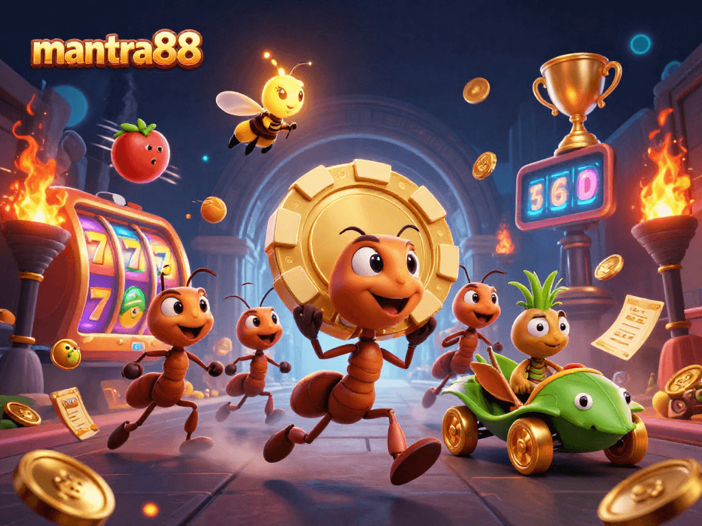 Experience the thrill of mantra88 as ants execute a heist for a golden poker chip amidst vibrant slot elements.