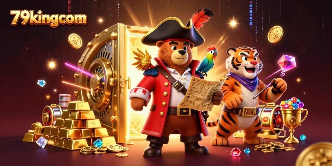Discover 79kingcom's vibrant casino adventure illustrated with a pirate bear and treasure elements.