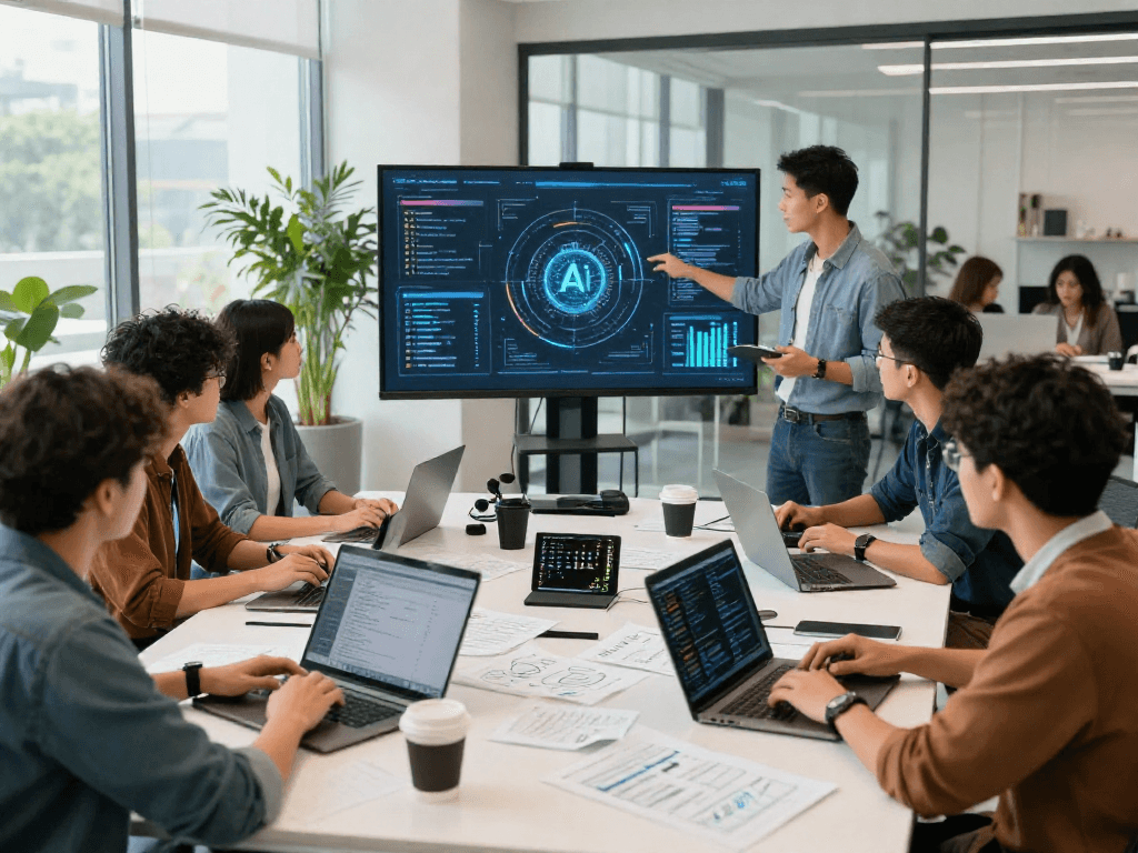 collaboration scene in tech workshop on ai 18+ advancements with diverse team and digital tools