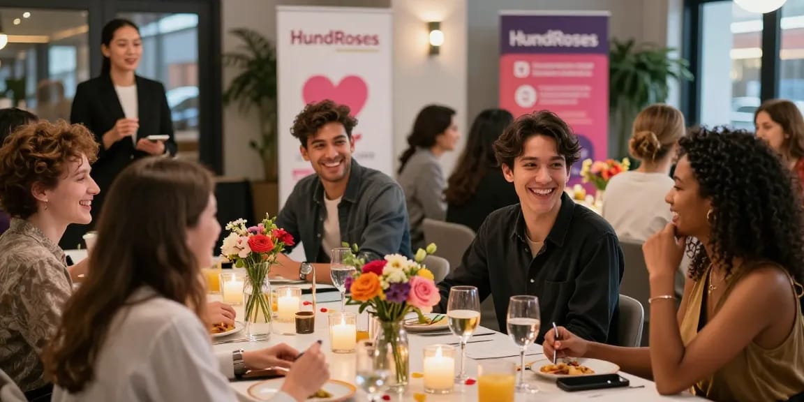 Engaging dating scene with singles connecting at a HundRoses speed dating event, promoting authentic relationships.