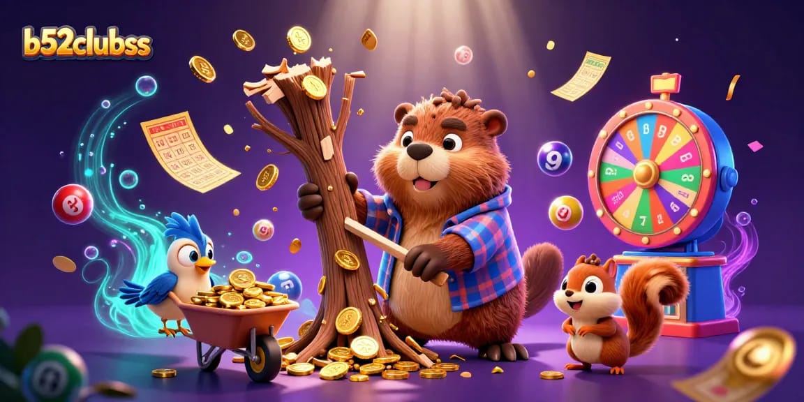 Play to win with b52clubss in a lively scene filled with colorful casino elements and gold coins.