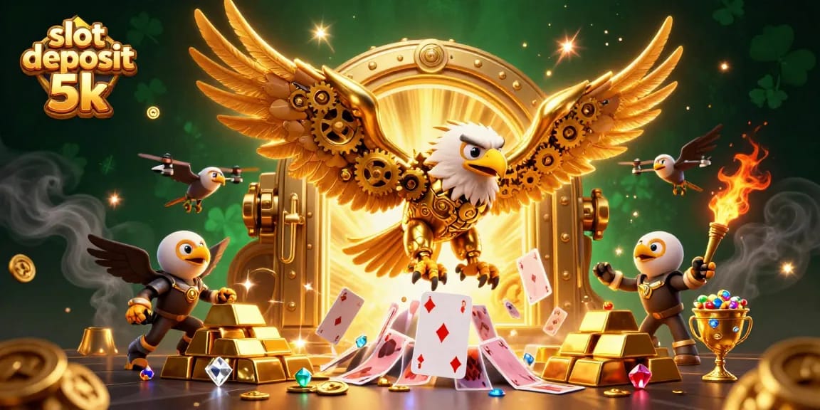 Engage with thrilling slot deposit 5k gameplay featuring a golden eagle amidst holographic cards and treasures.