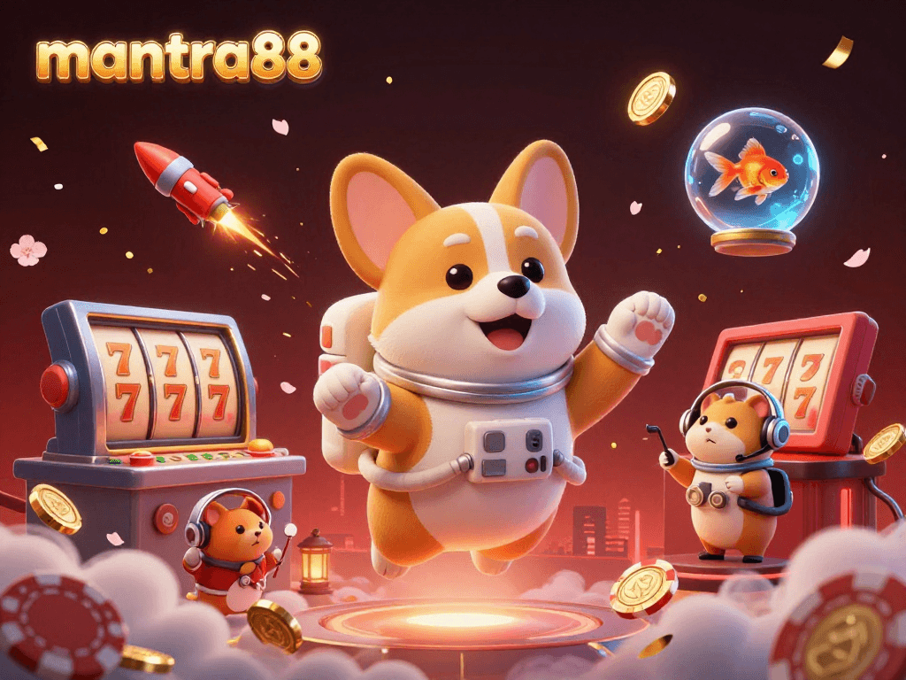 Experience the thrill of mantra88 with a vibrant casino scene featuring a floating astronaut corgi, poker chips, and lucky symbols.
