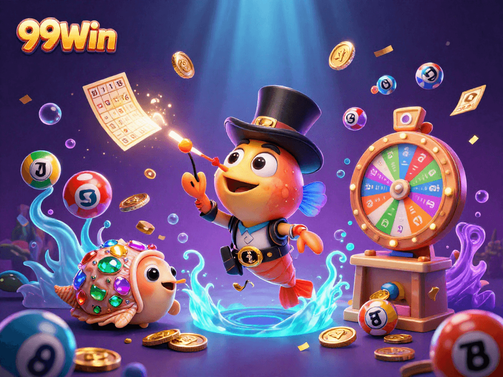 Win exciting prizes with 99Win’s vibrant lottery scene featuring poker-themed elements.