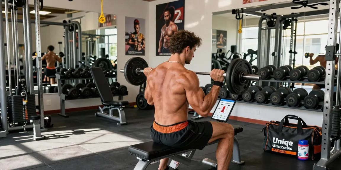 Dynamic workout scene showcasing Unique Pharma Steroids products and fitness dedication.