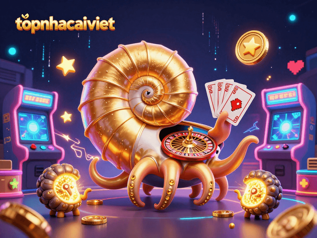Engage with topnhacaiviet's vibrant casino scene featuring a giant nautilus, roulette wheel, and colorful game elements.