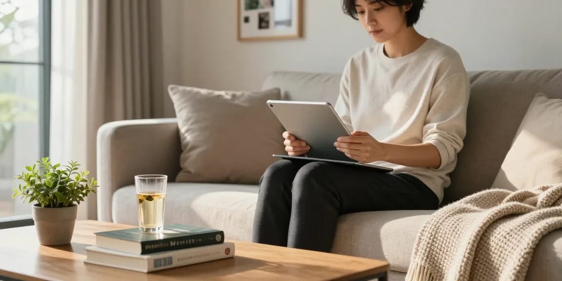 ブラビオンSの口コミをタブレットで読みながらリラックスしている人のイメージ