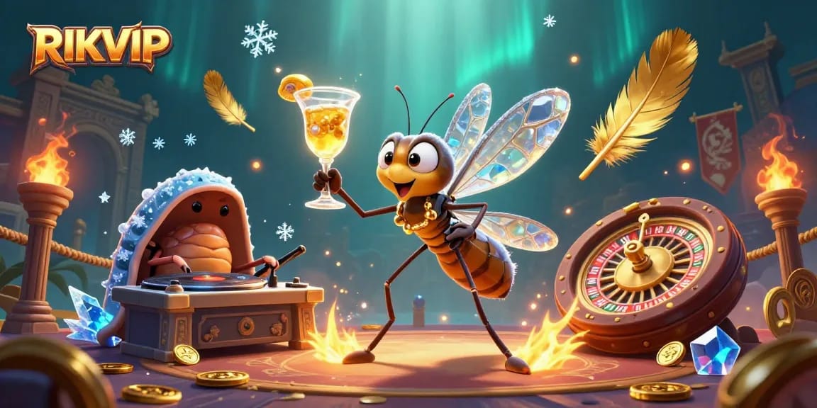 Experience the vibrant casino world of RIKVIP with dynamic characters and rich elements in this 3D illustration.