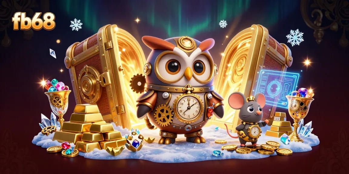 Spin big wins at fb68 with a captivating 3D illustration of casino elements and treasures.