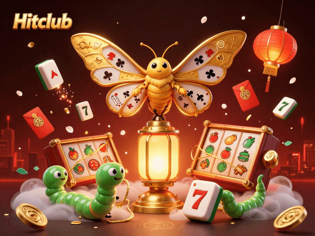 Experience the excitement of Hitclub with this vibrant, ultra-detailed casino illustration featuring a majestic moth and golden elements.