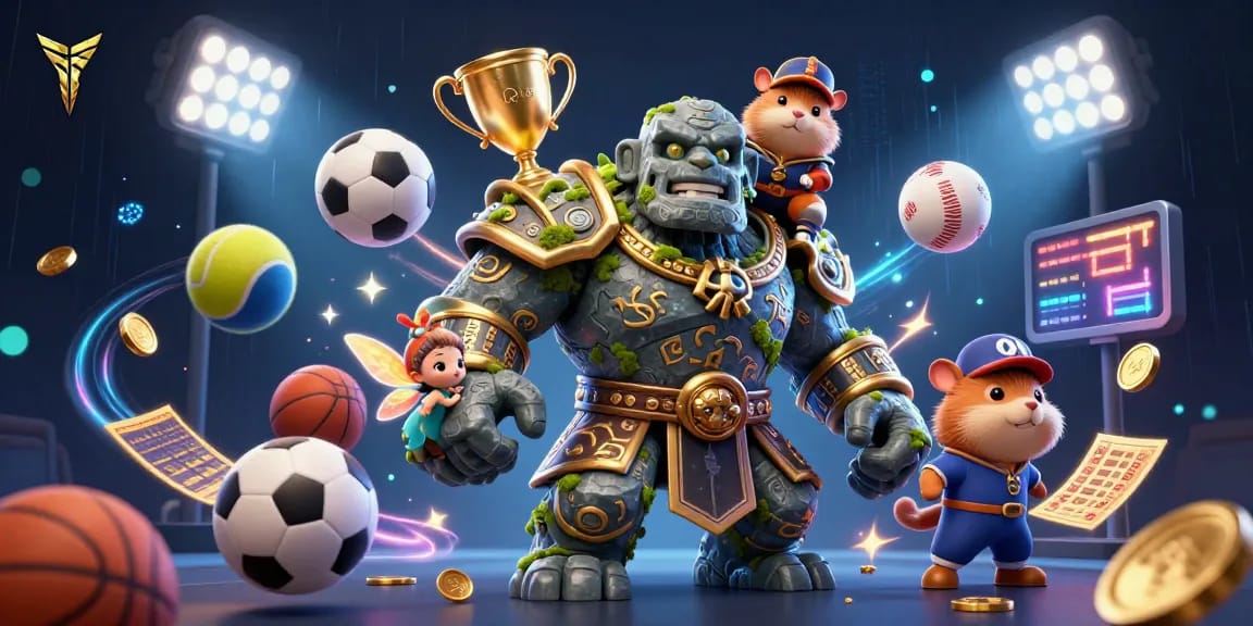 Kobe sports betting scene with a magical golem, hamster knight, and flying sports elements