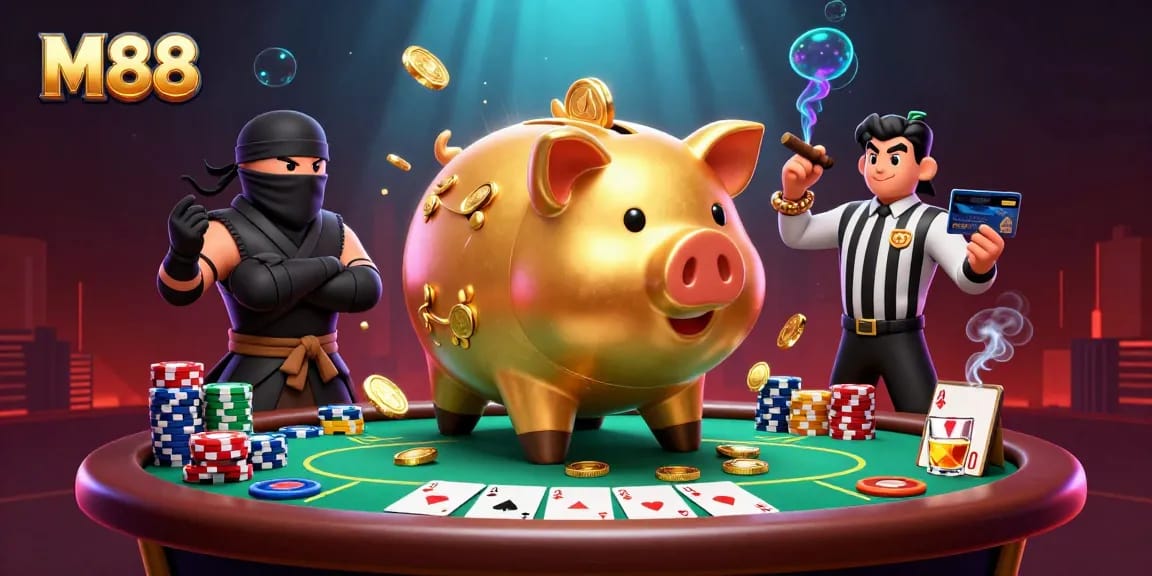 M88 players winning while celebrating with colorful poker chips, coins, and a lively atmosphere.