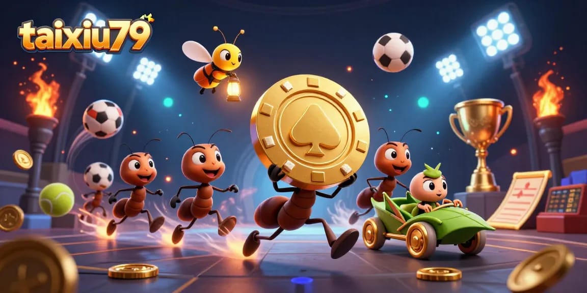 Experience the thrilling heist at taixiu79 with a team of cartoon ants stealing a giant golden poker chip.