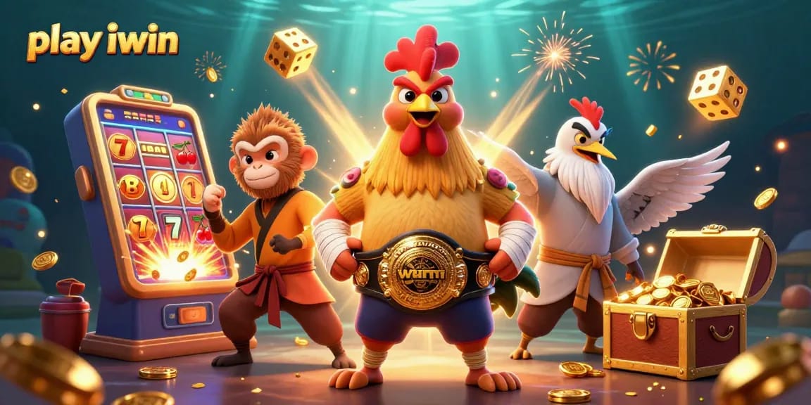 Play iwin with an energetic casino scene featuring vibrant characters and jackpot elements.