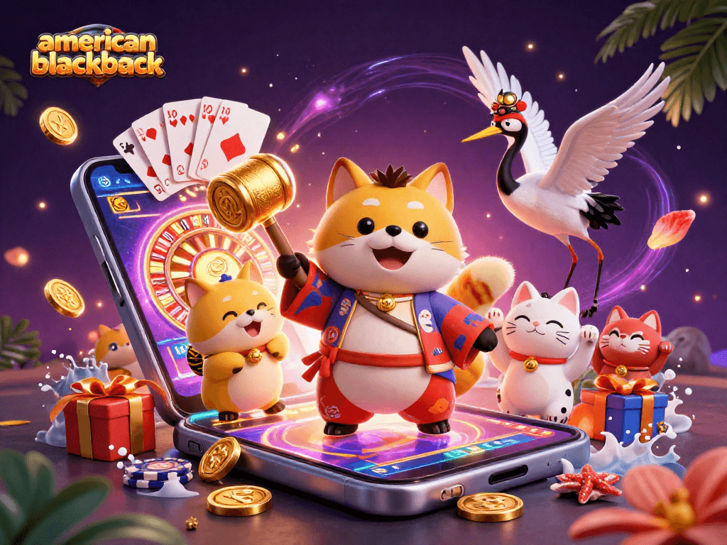 Experience the excitement of american-blackjack with this vibrant casino illustration showcasing festive characters and thrilling game elements.