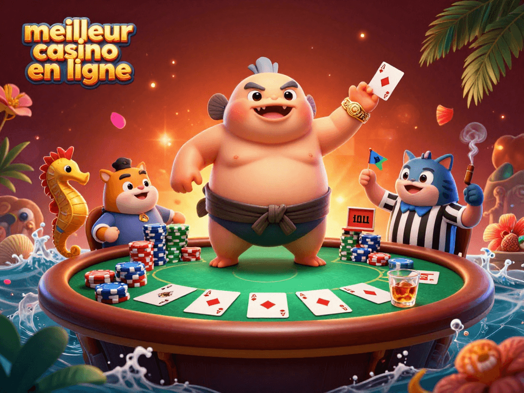 Visuel captivant du meilleur casino en ligne avec des personnages animés et des éléments de jeu autour d'une table de poker.
