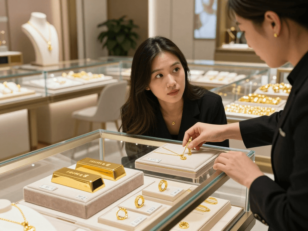 Gold jewelry display with a customer inquiring about mantra88 quality in a luxurious retail setting.