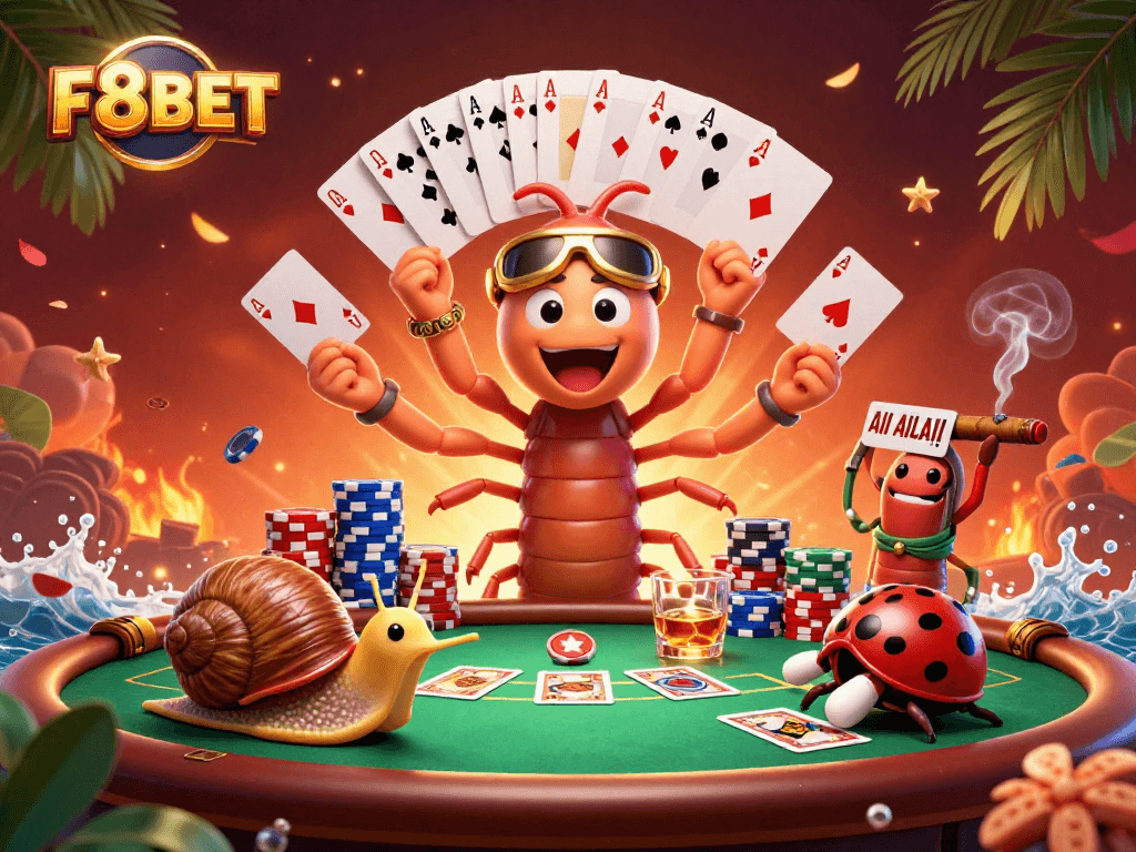 Engage in thrilling card games at F8BET with vibrant characters and dynamic casino elements.