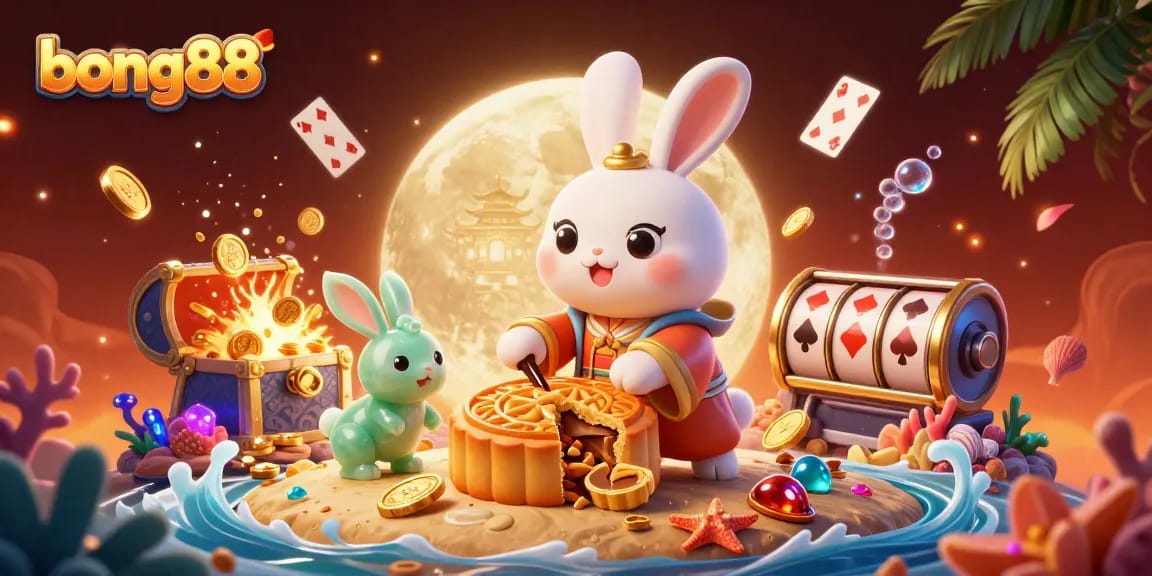 bong88 showcases a vibrant moon rabbit scene with dynamic casino elements, emphasizing exciting gameplay.