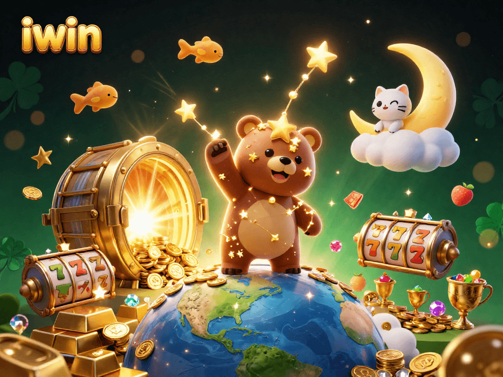 iwin showcases a constellation bear scooping coins in a vibrant casino scene with slot elements.