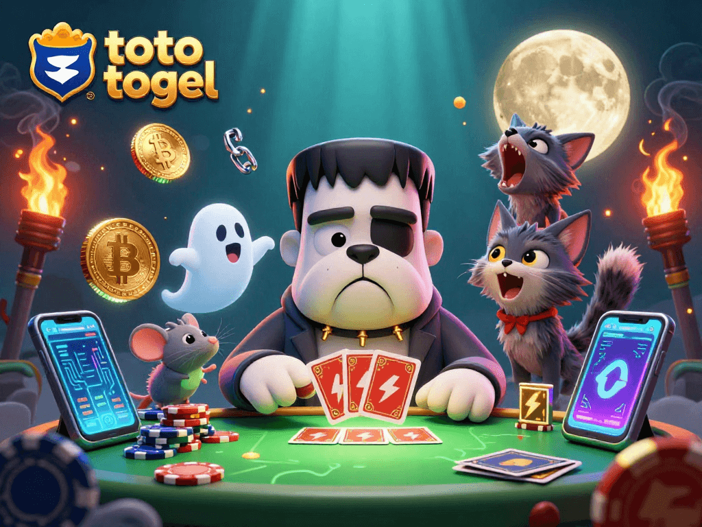 Engage with toto togel strategy at this immersive 3D casino scene, showcasing themed characters and crypto elements.