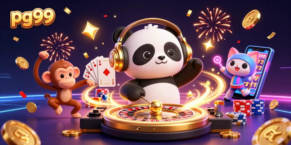 Experience the thrill of pg99 with playful characters and dazzling casino elements in a vibrant digital illustration.
