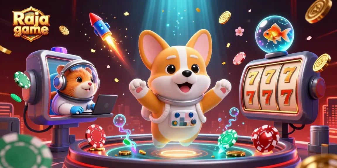 Engage with Raja game in a vibrant casino scene featuring a floating corgi and dynamic game elements.
