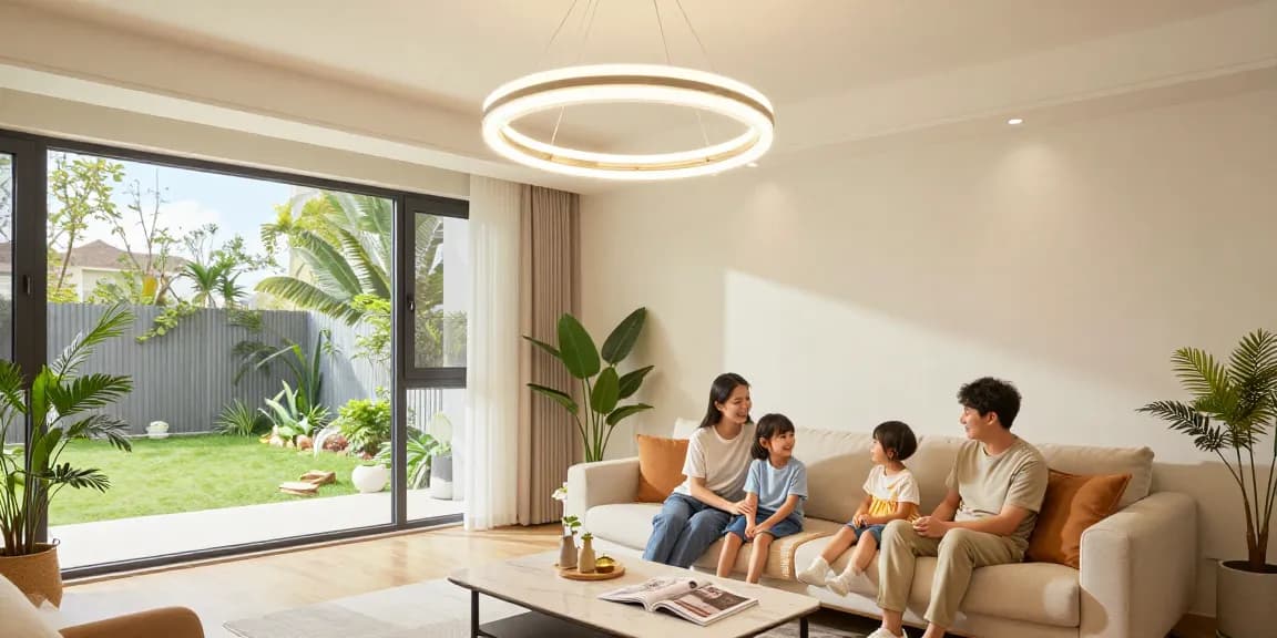 Lustre LED elegante într-un living modern, familie relaxându-se, decor cozy și lumină caldă.