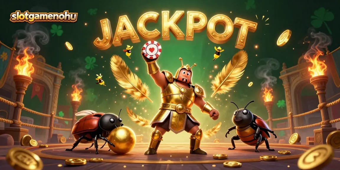 Experience slotgamenohu with a victorious beetle in golden armor amidst an exciting casino scene.