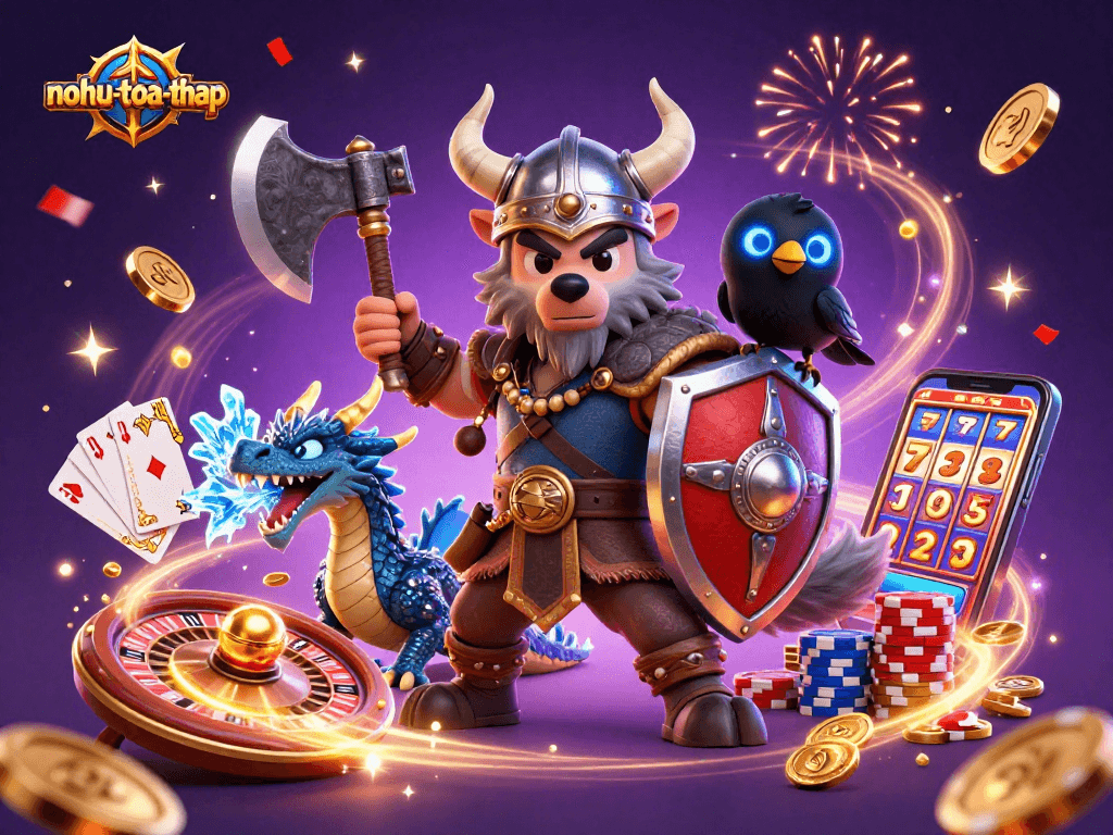 Nohutoa-thap showcases Viking warrior and dragon in a lively casino scene with gold coins and slots.