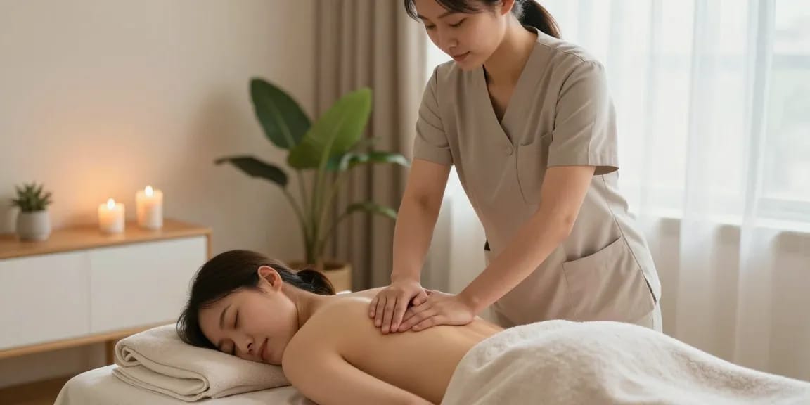 일산출장마사지 service in a cozy living room with a professional therapist providing a relaxing experience.