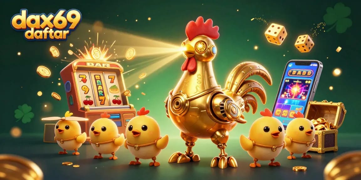 Mesin slot megah dan robot ayam emas dalam aksi sabung di dax69 daftar, menggoda pemain dengan jackpot.