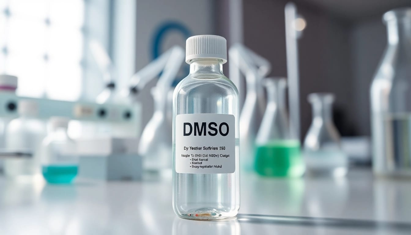 Order DMSO with a clear glass vial prominently featured in a professional lab setting.