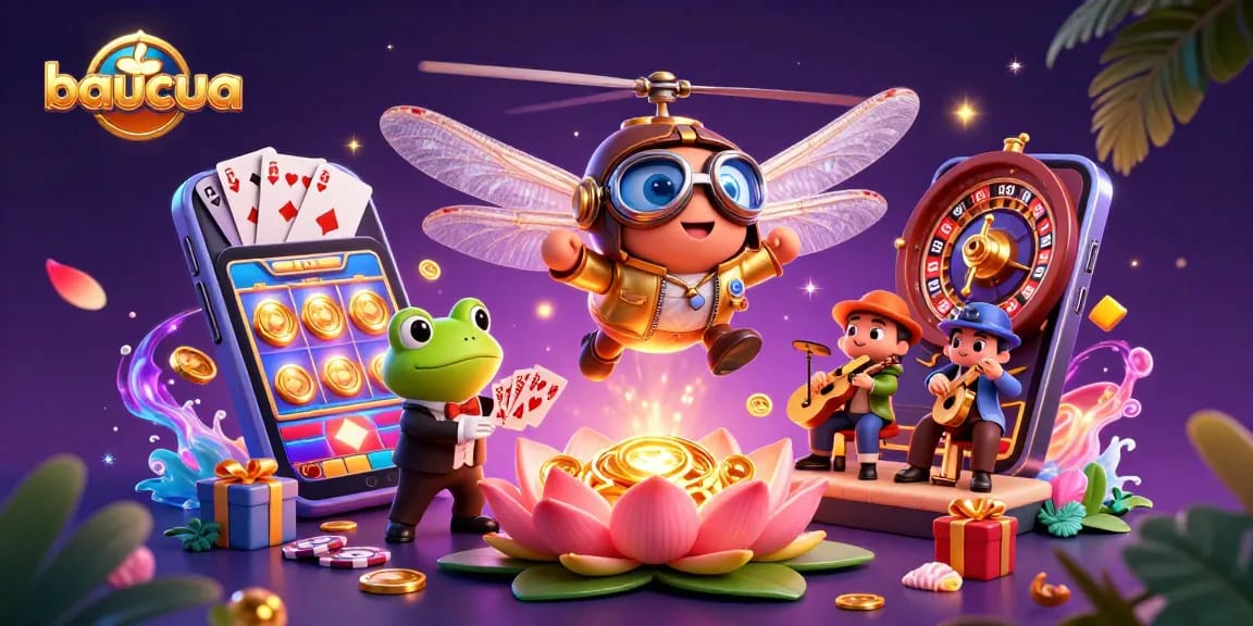 Baucua players enjoy vibrant casino sights with a frog dealer and dragonfly pilot in a rich, playful scene.