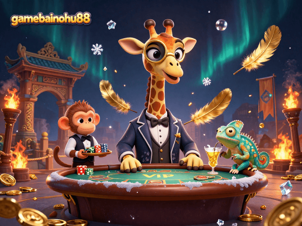 Play gamebainohu88 in a dynamic casino scene featuring vibrant characters, golden treasures, and high-stakes excitement.