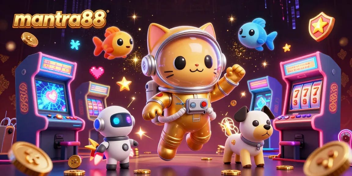 Engage with mantra88 in an exciting 3D cartoon casino scene featuring vibrant characters and game elements.
