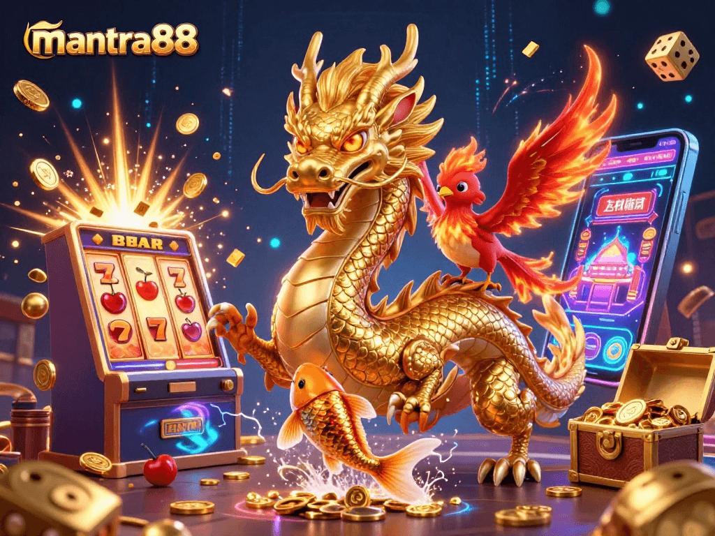 Experience exhilarating wins at mantra88 with a dynamic 3D casino illustration showcasing an exciting jackpot and vibrant gaming elements.
